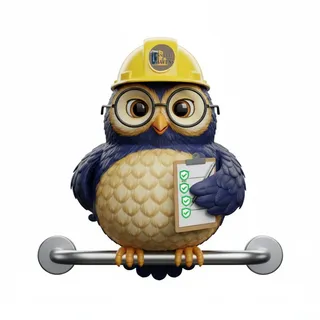 SAGE in a yellow hard hat and glasses, holding a safety checklist while perched on a grab bar
