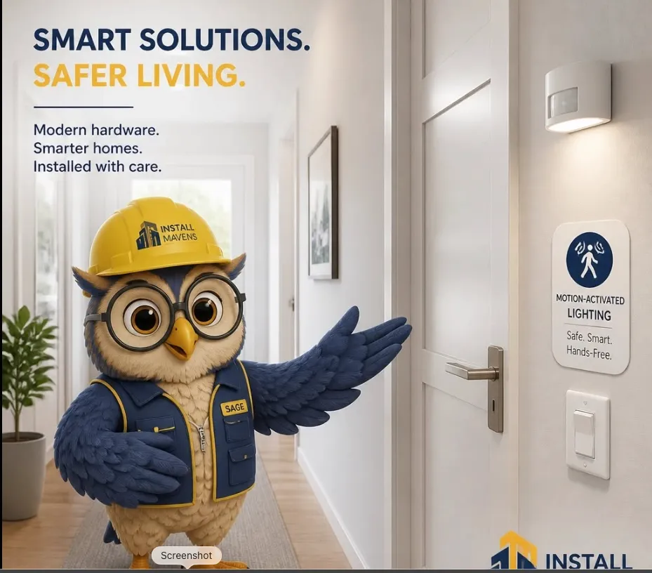 SAGE demonstrating motion-activated hallway lighting beside an accessible door; the graphic promotes smart, safer living