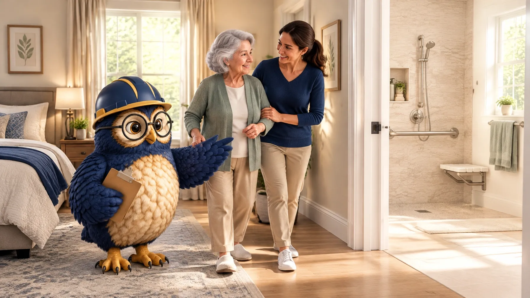 Illustration of SAGE guiding an older adult and caregiver home toward a bathroom with a grab bar and shower seat.