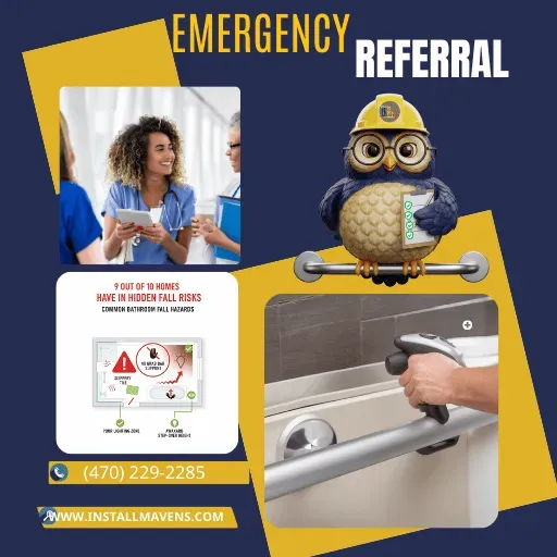 Install Mavens emergency referral graphic showing SAGE and a bathroom grab bar